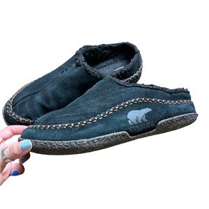 Sorel Shoes Mens 10 Slippers Falcon Ridge Slip On Leather Faux Fur Casual Black